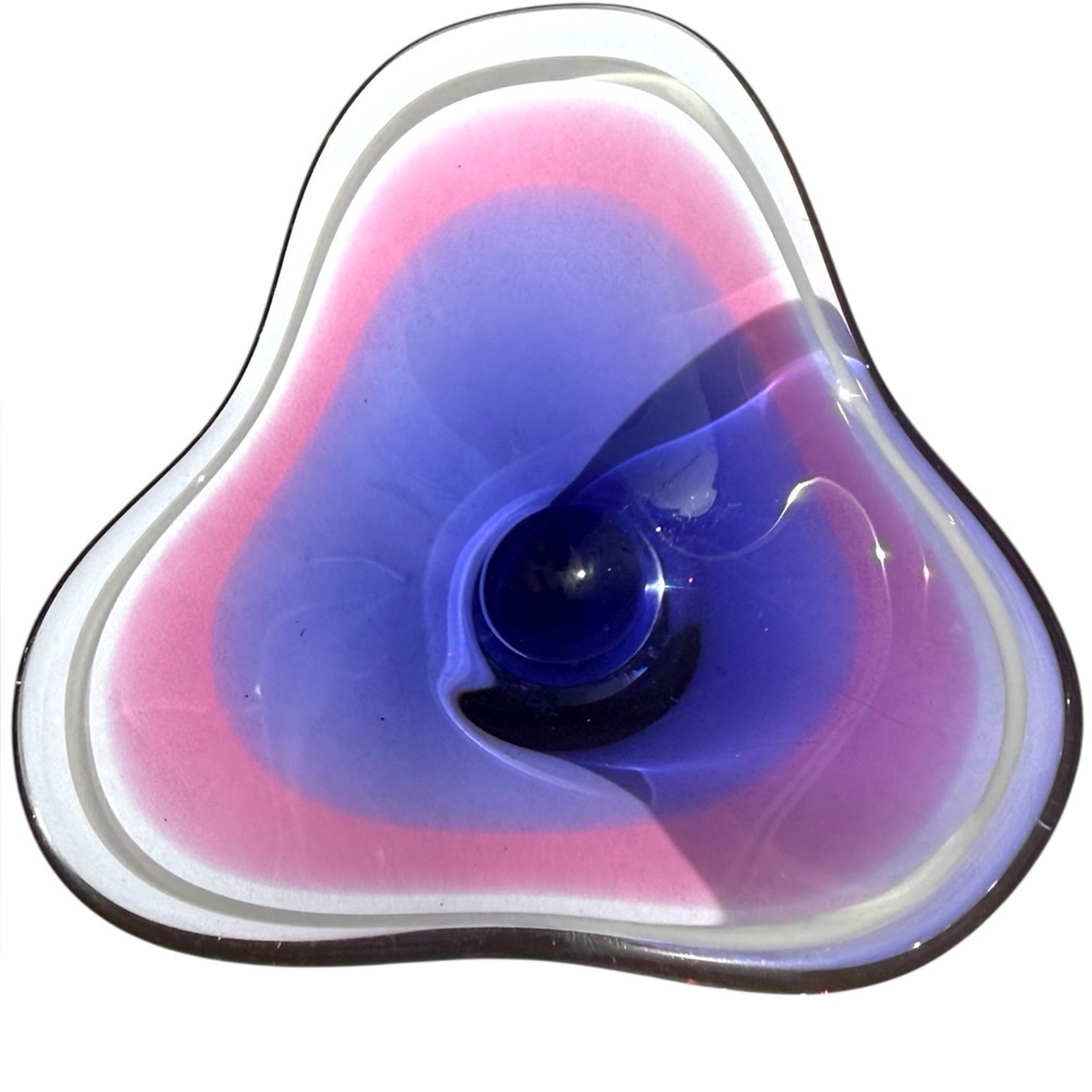 SOLD Flygsfors Coquille Signed Glass Bowl Pink Purple Swedish Mid Century Modern